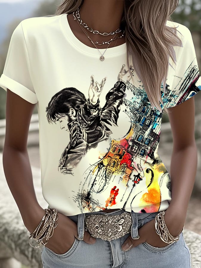Singer Cello Colorful Casual Women's V-Neck Print T-Shirt