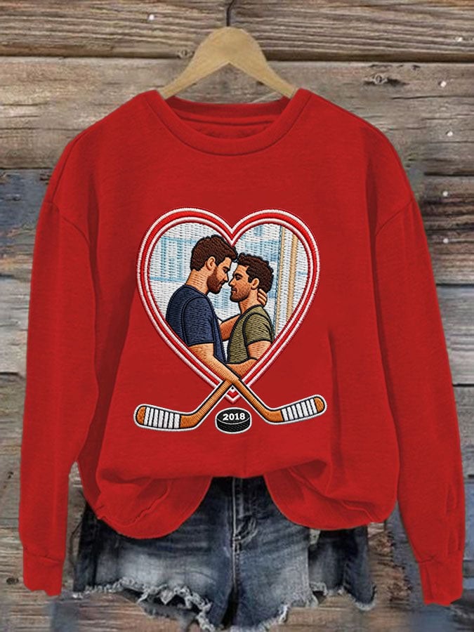 Women's Romantic Ice Hockey Print Long-Sleeved Sweatshirt