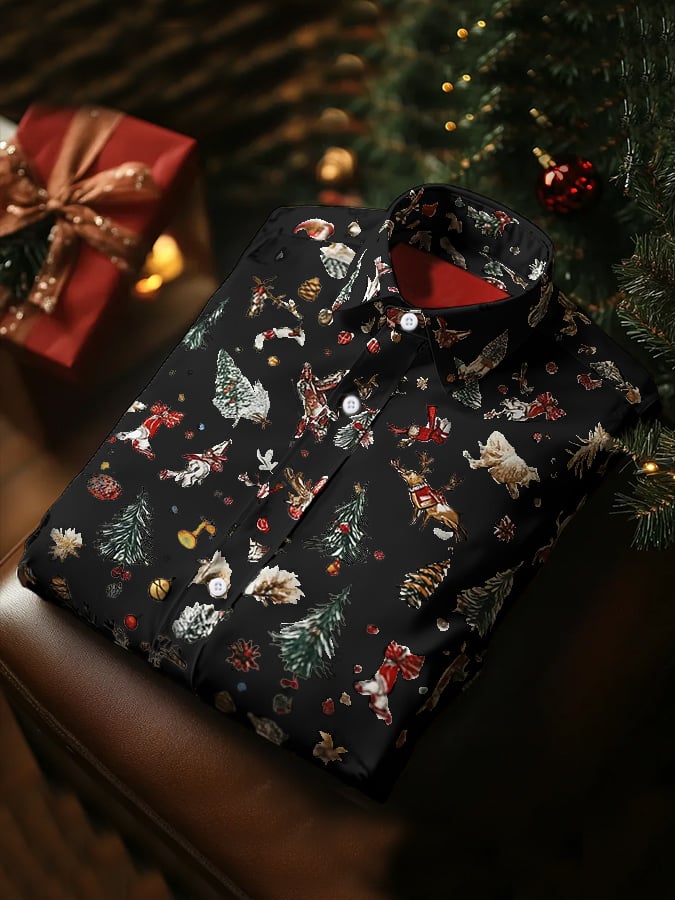 Men's Luxury Christmas Contrast Color Print Long Sleeve Shirt