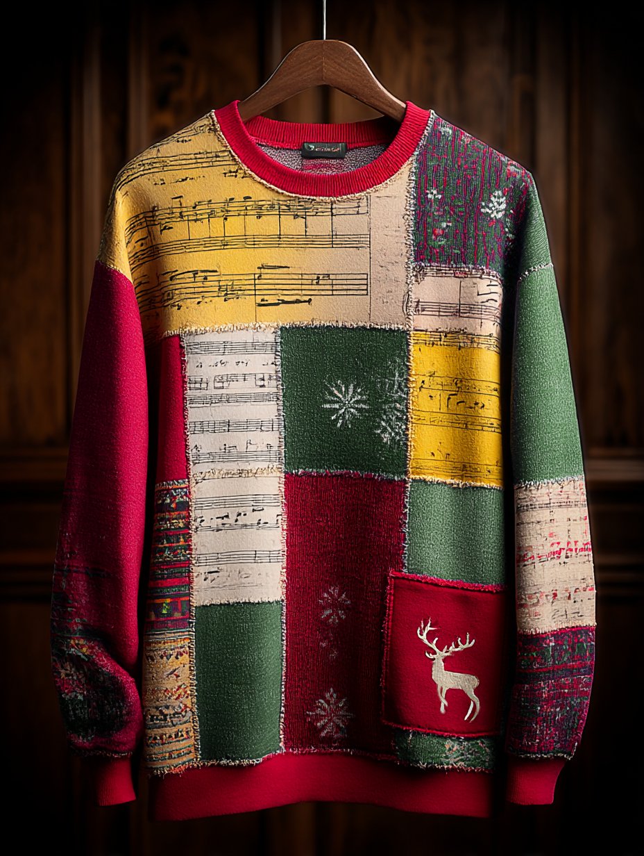 Men's Retro Casual Musical Note Christmas Party Art Sweatshirt