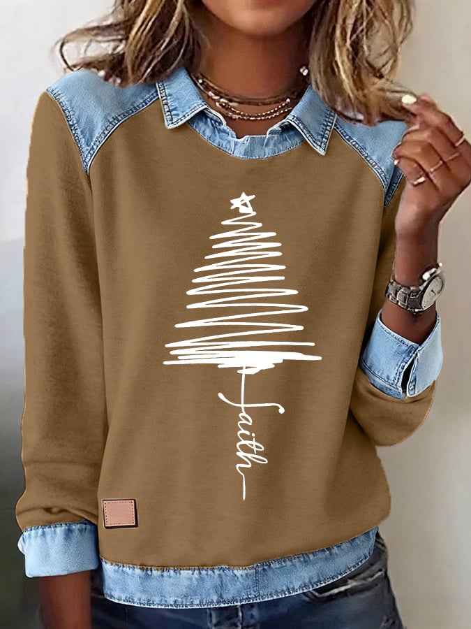 Women's Faith Christmas Tree Printed Comfortable Denim Patchwork Sweatshirt