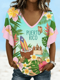 Women's Puerto Rico Print  V-Neck Top