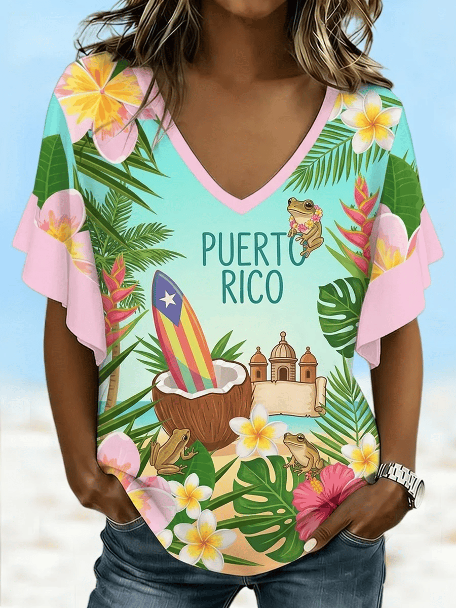 Women's Puerto Rico Print  V-Neck Top