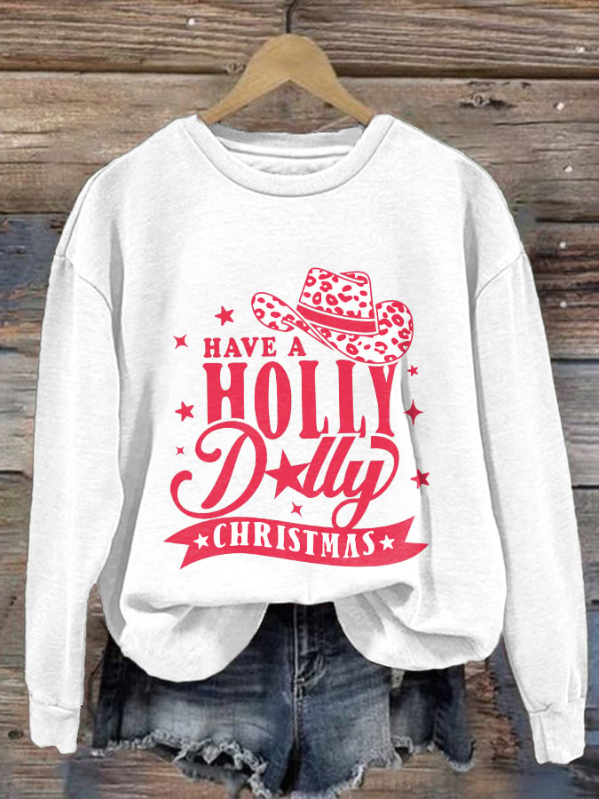 Retro Western Leopard Christmas Cowgirl Have A Holly Christmas Print Sweatshirt