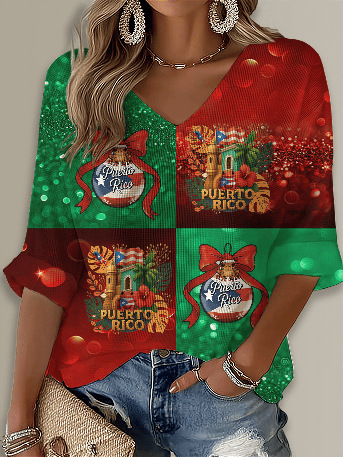 Puerto Rico Li Navidad Christmas Printed Long Sleeve Top