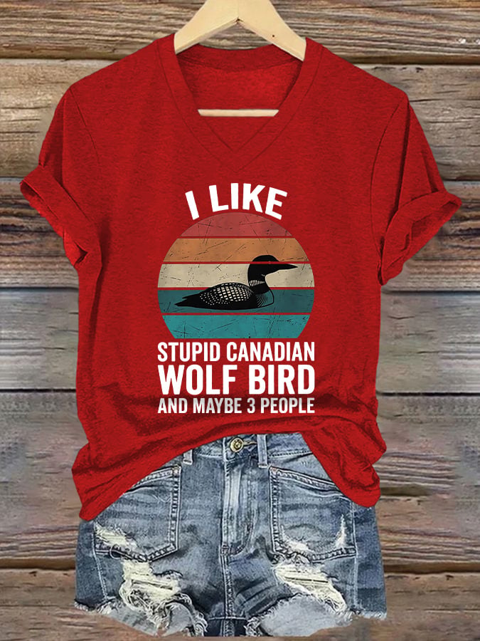Women's casual Canadian wolf and bird T-shirt