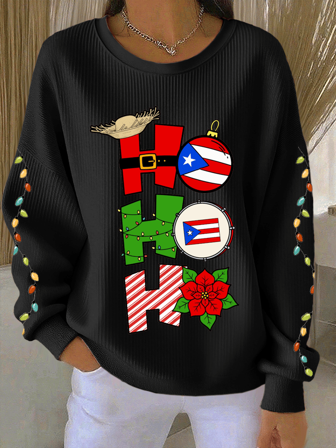 Women's Puerto Rican Christmas Print Knit Crew Neck Long Sleeve Top