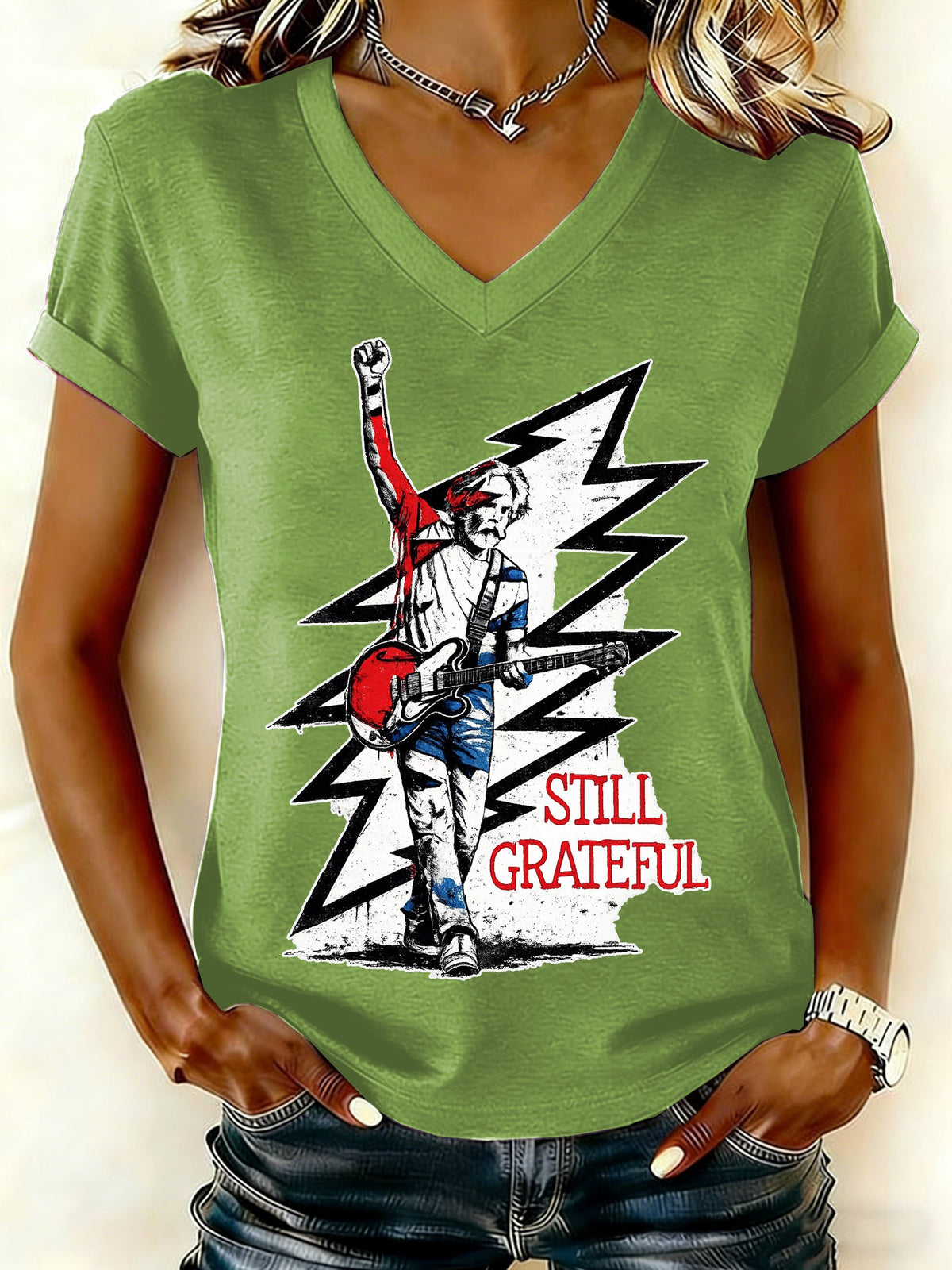Women's Still Grateful Print V Neck T-shirt