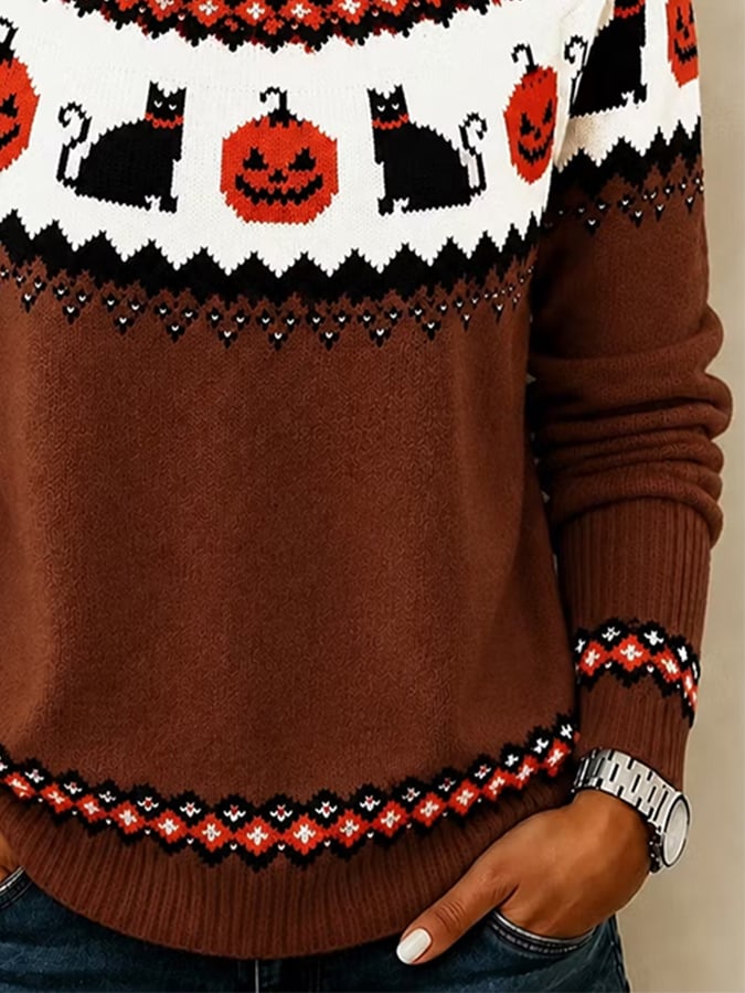 Women's Vintage Halloween Pumpkin and Cat Print Knit Top