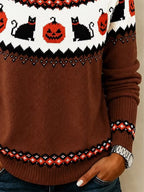 Women's Vintage Halloween Pumpkin and Cat Print Knit Top