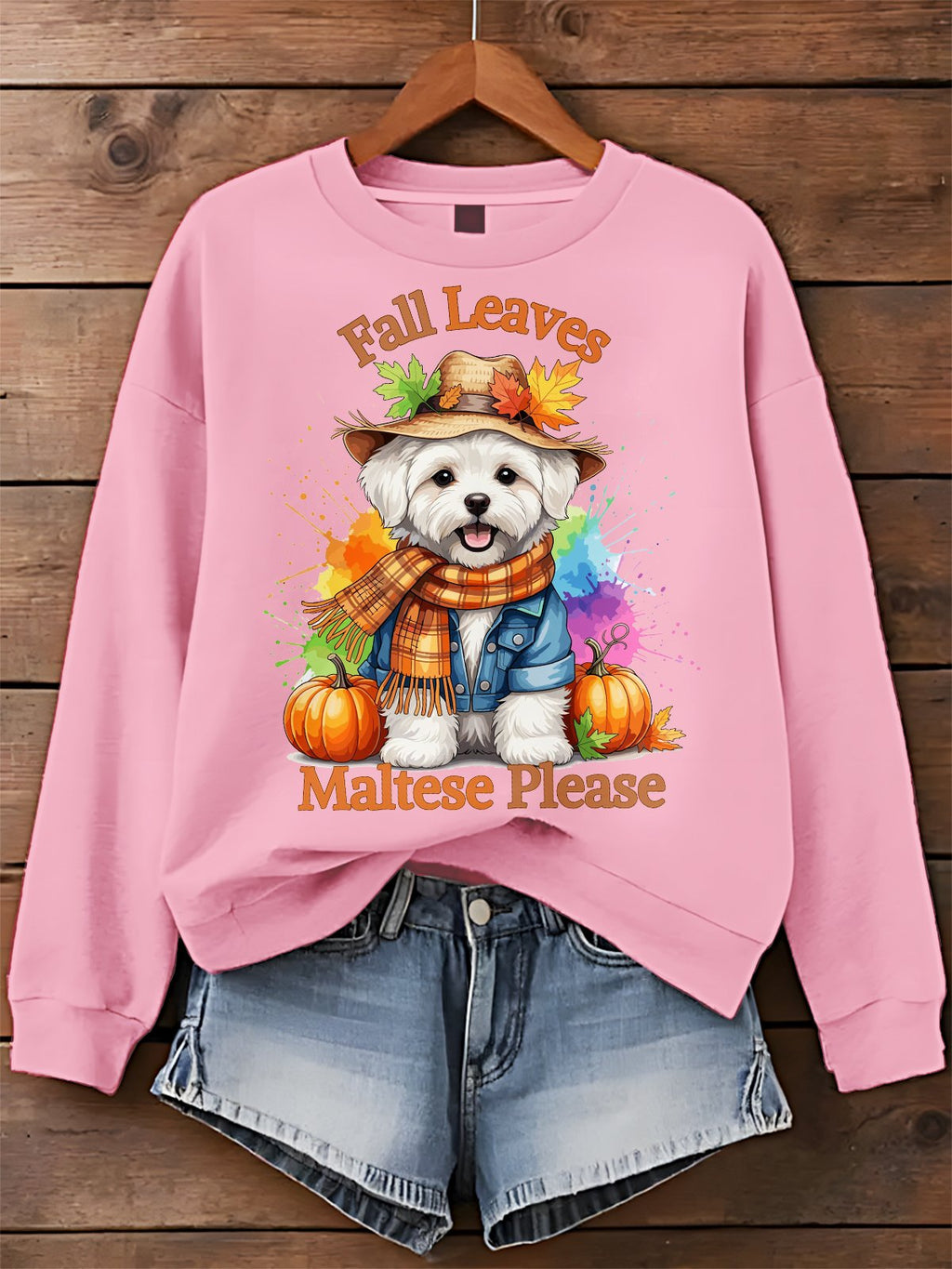 Dog Fall Leaves Maltese Please Art Printed Sweatshirt