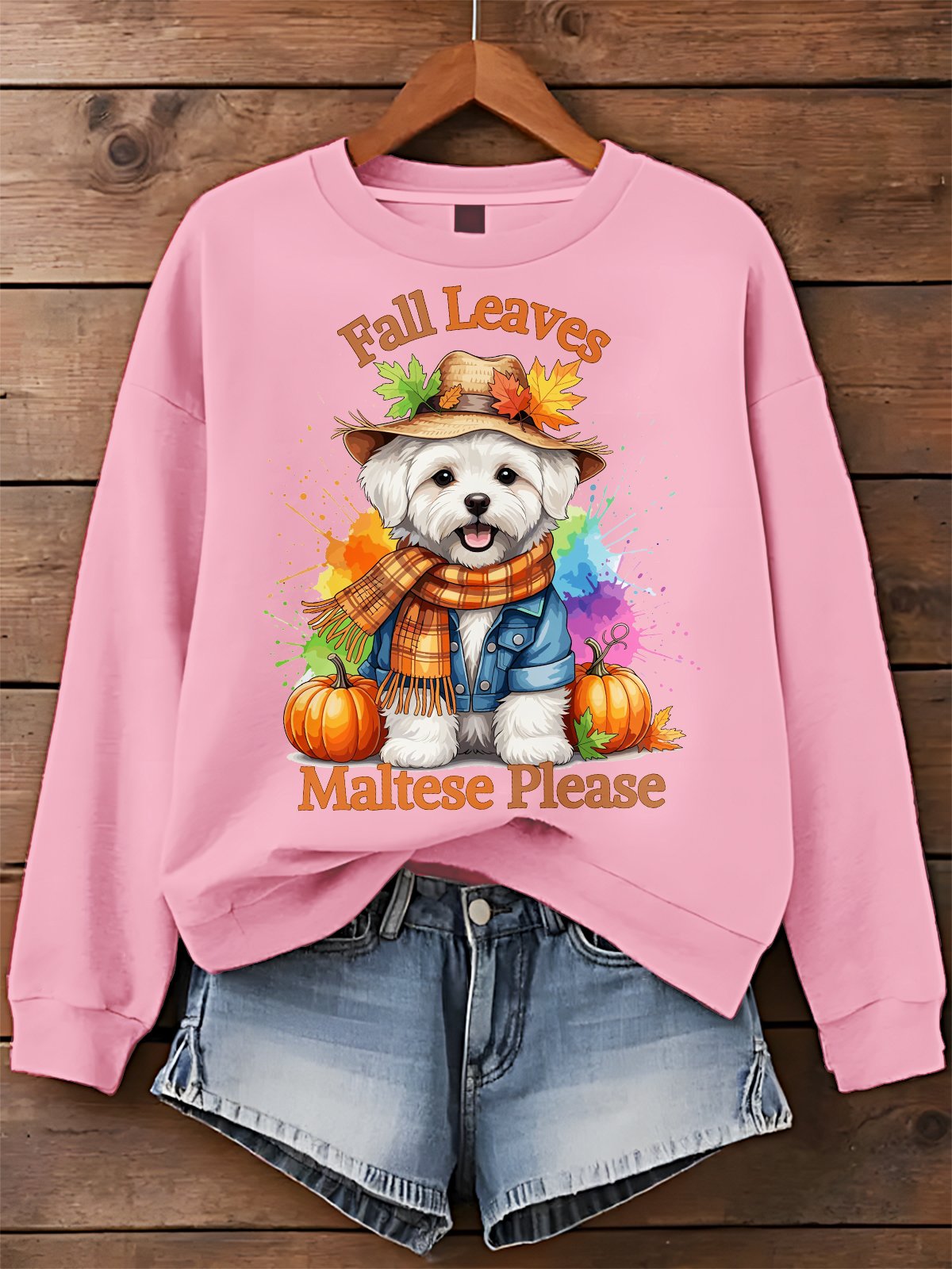 Dog Fall Leaves Maltese Please Art Printed Sweatshirt