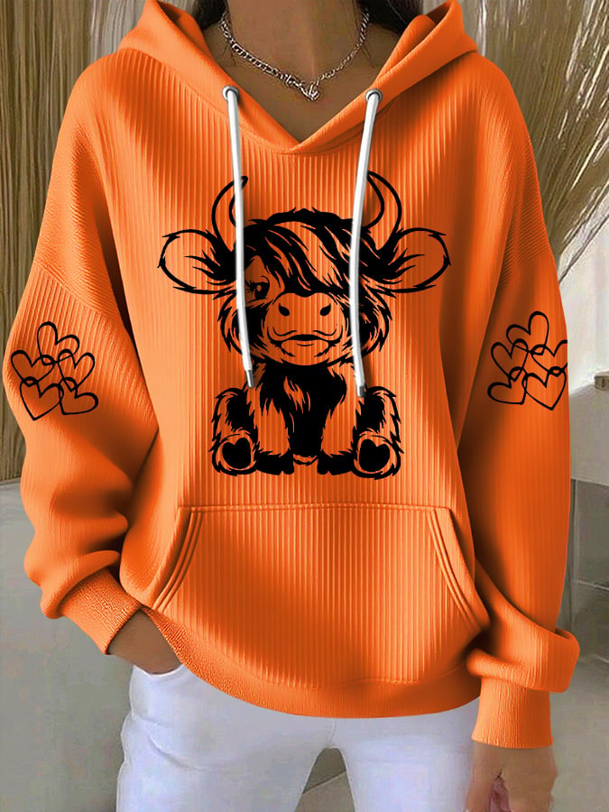 Women's Vintage Western Highland Cow Print Casual Hooded Sweatshirt