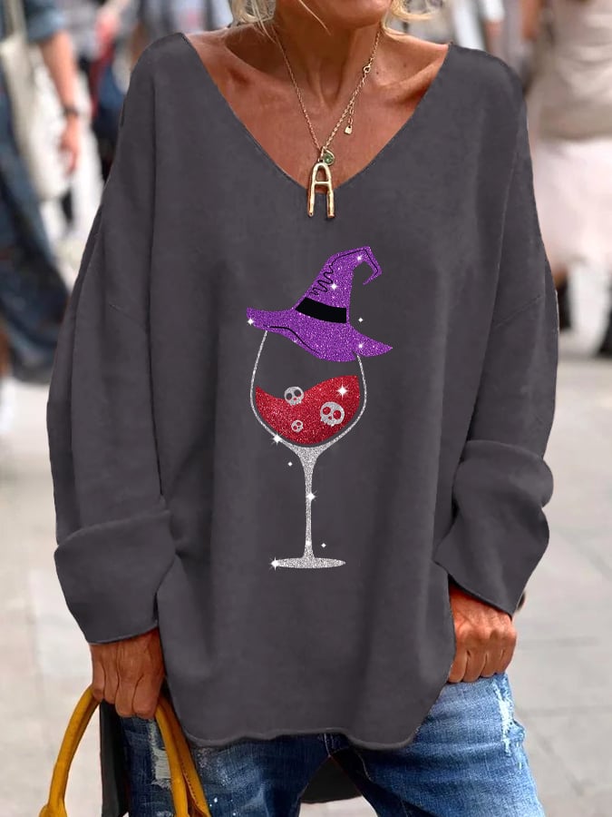 Women's Halloween Skull Wine Print V-Neck T-Shirt