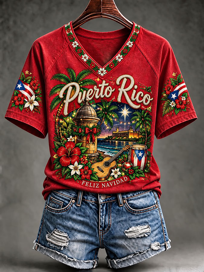 Women's Puerto Rico Christmas Print Casual T-shirt