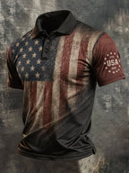 Men's Retro Patriotic Color-Block Short-Sleeve Polo Shirt