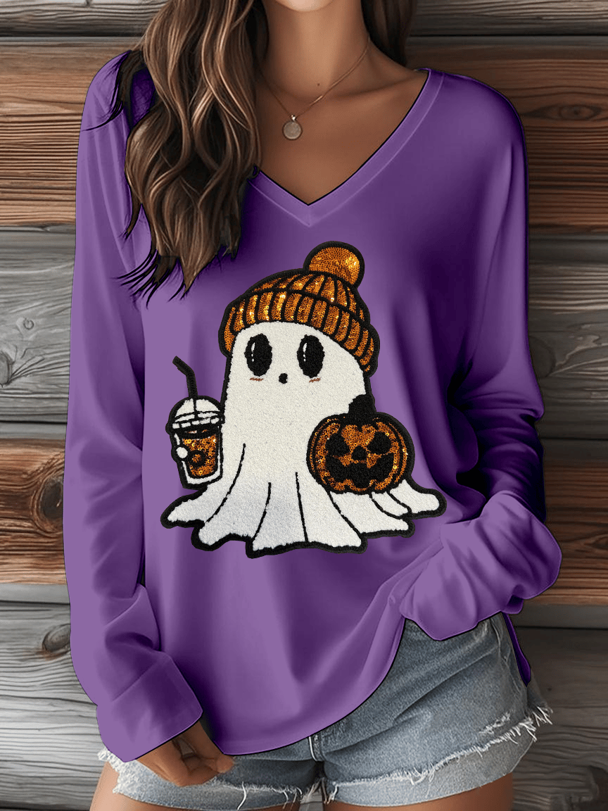 Women's Halloween Ghost Print V-Neck Long Sleeve T-Shirt