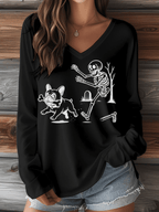 Women's Halloween French Bulldog Print V-Neck Long Sleeve T-Shirt