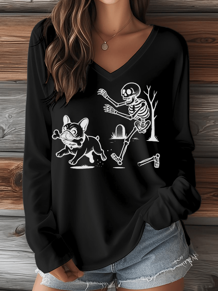 Women's Halloween French Bulldog Print V-Neck Long Sleeve T-Shirt