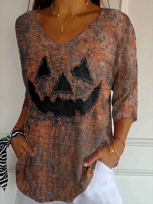 Women's Halloween Pumpkin Face Print Shirt