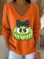 Women's Halloween Ghost Face Print Long Sleeve Knit Top