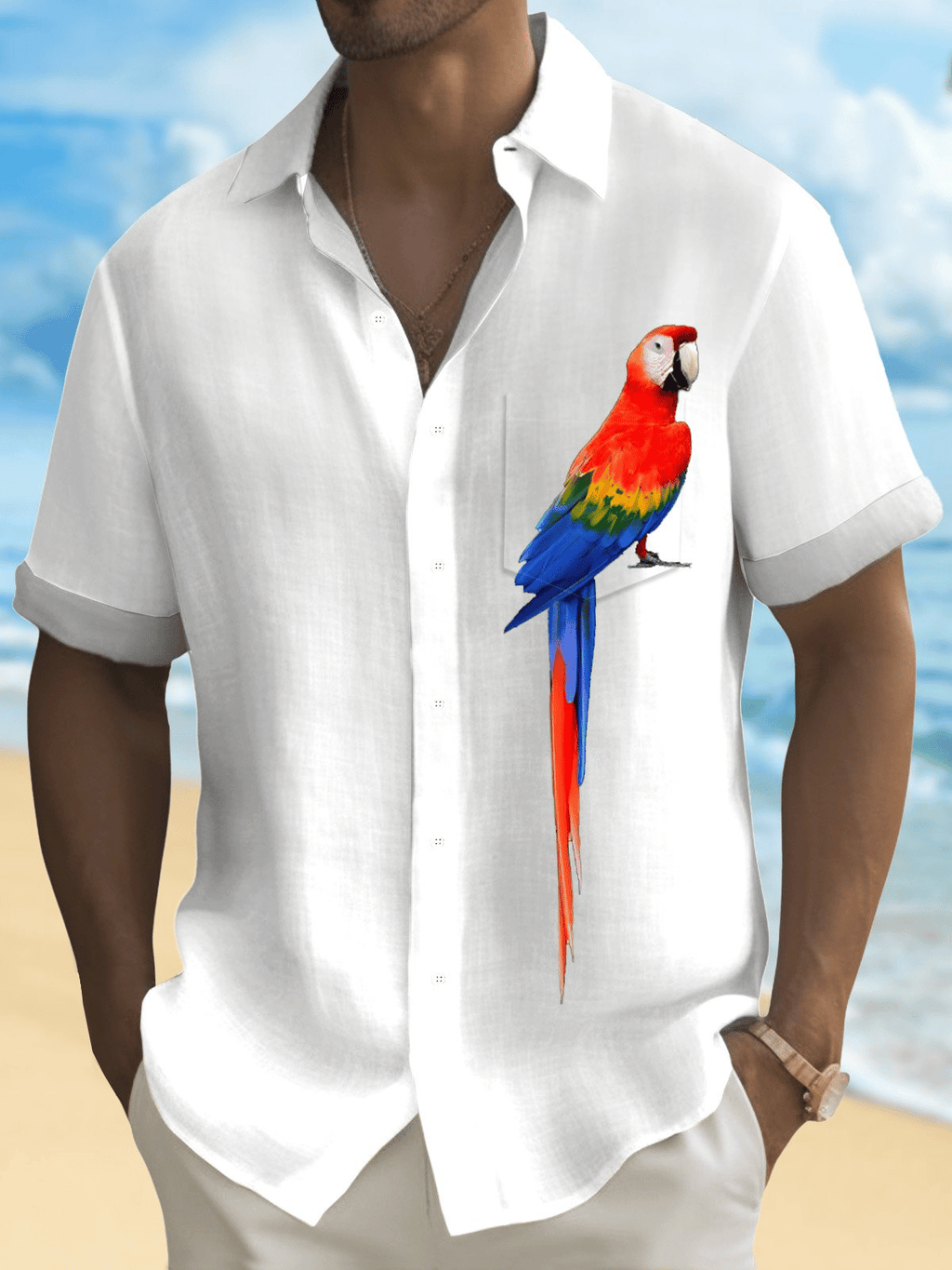 Men's Hawaiian Shirt Flora Parrot Print Pocket Short Sleeve Shirt
