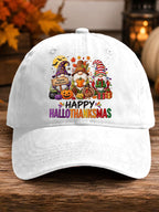Retro Happy Hallothanksmas Gnome Halloween Thanksgiving Christmas Print Baseball Cap