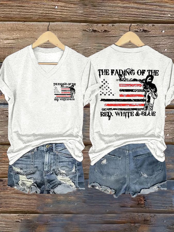 V-Neck The Fading of the Red White and Blue Print T-Shirt