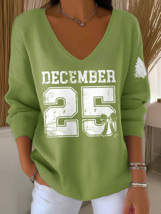 V-Neck Retro Christmas December 25 Print Knitwear Tops