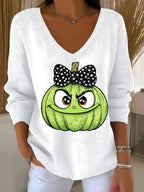 Women's Halloween Ghost Face Print Long Sleeve Knit Top