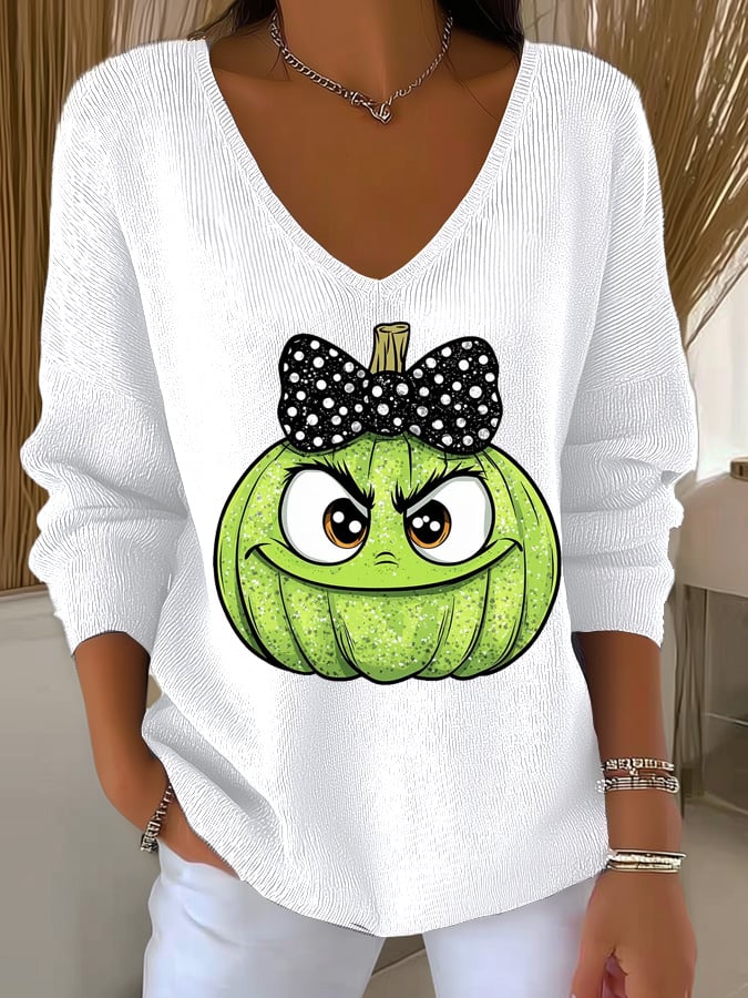 Women's Halloween Ghost Face Print Long Sleeve Knit Top