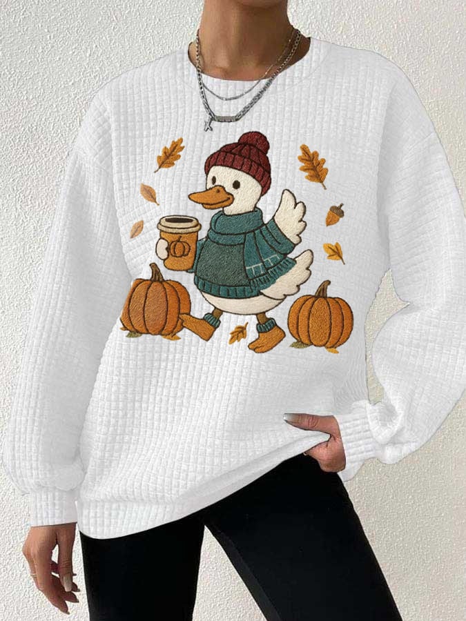Women's Autumn Pumpkin Duck Waffle Sweatshirt