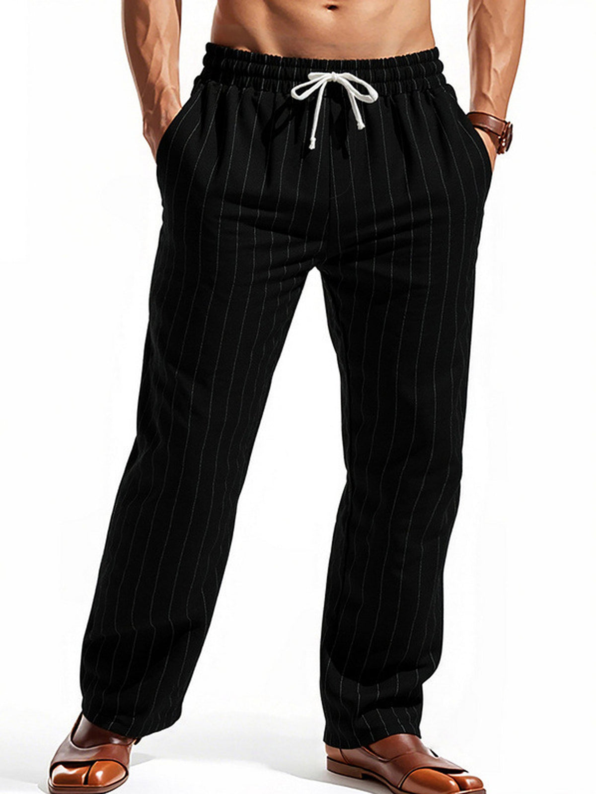 Men's Casual Cotton-Linen Breathable Pinstripe Drawstring Trousers