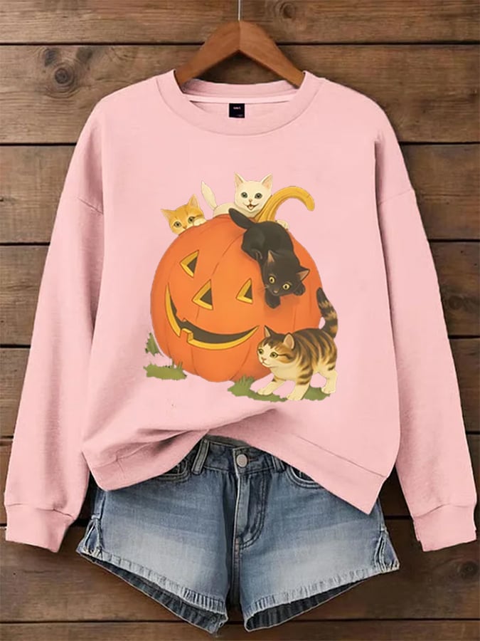 Women's Halloween Pumpkin and Cute Cat Print Sweatshirt