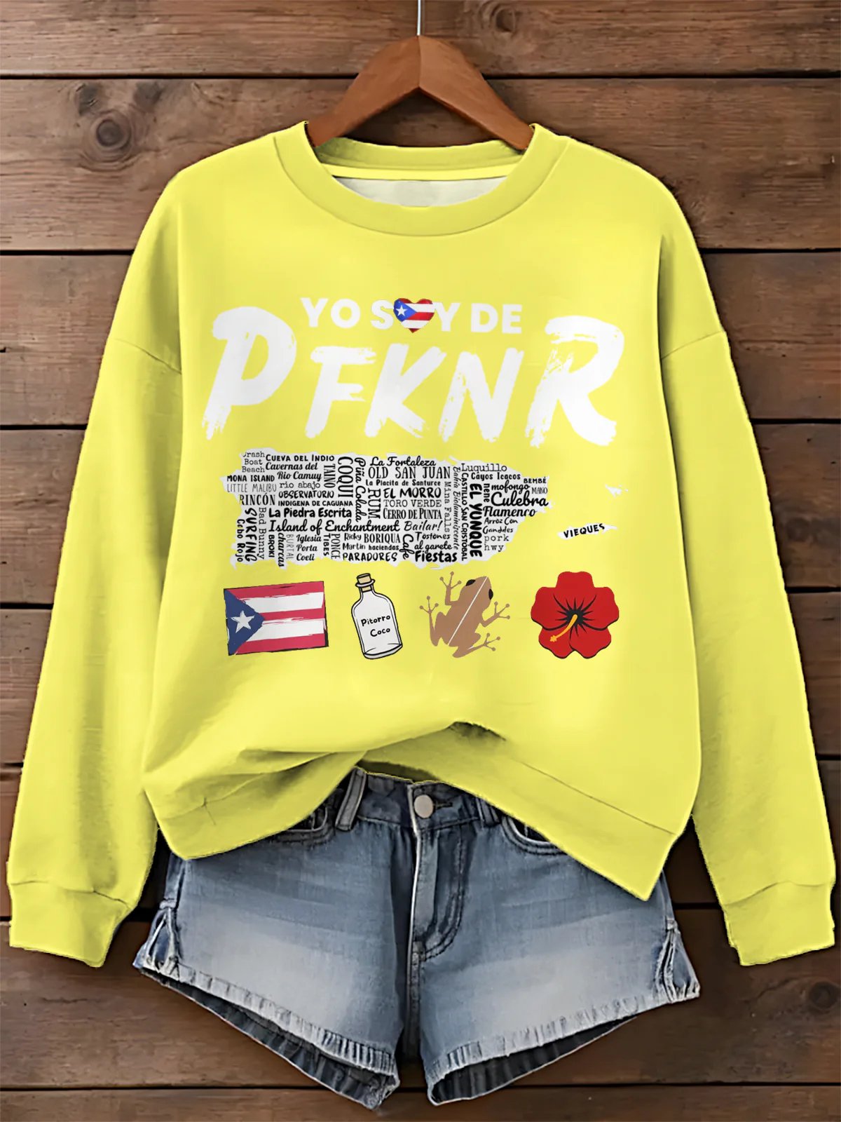 Puerto Rico Cultural Landmarks "Yo Soy De PFKNR" Graphic Crew Neck Sweatshirt Women's Oversized Pullover