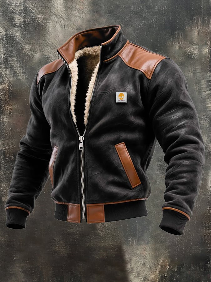 Men's Vintage Suede Splicing Warm Multi-Pocket Outdoor Jacket