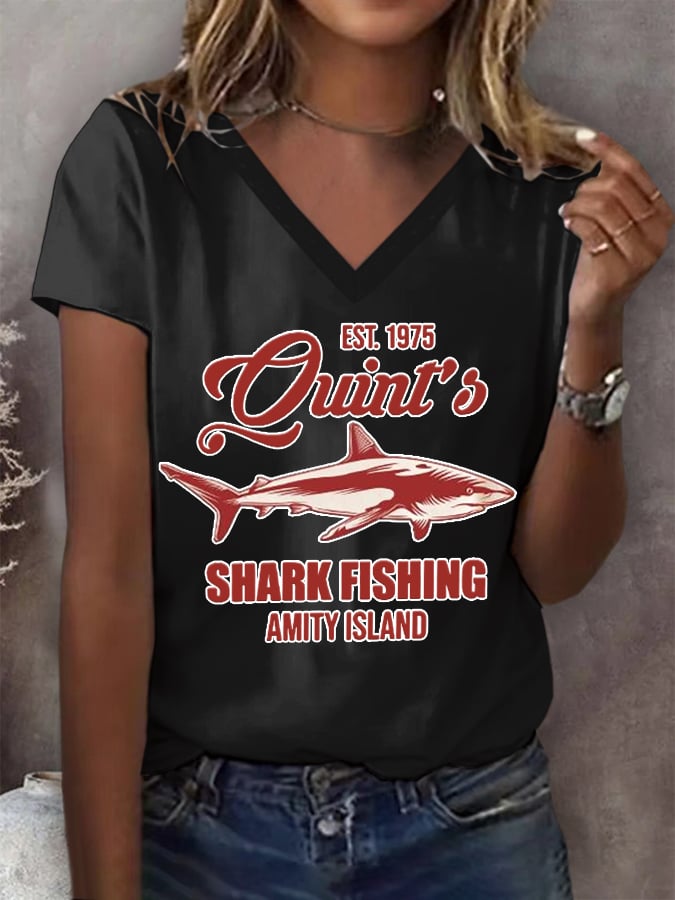 Women's Great White Shark Print V-Neck Short Sleeve T-Shirt