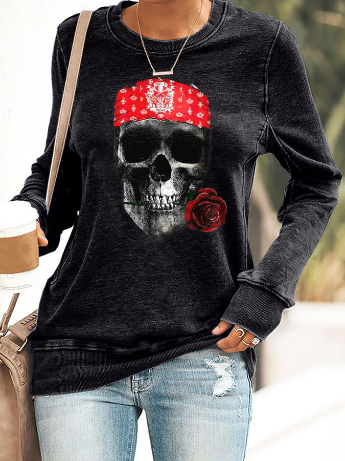 Retro Rock Skull And Rose Print Sweatshirt