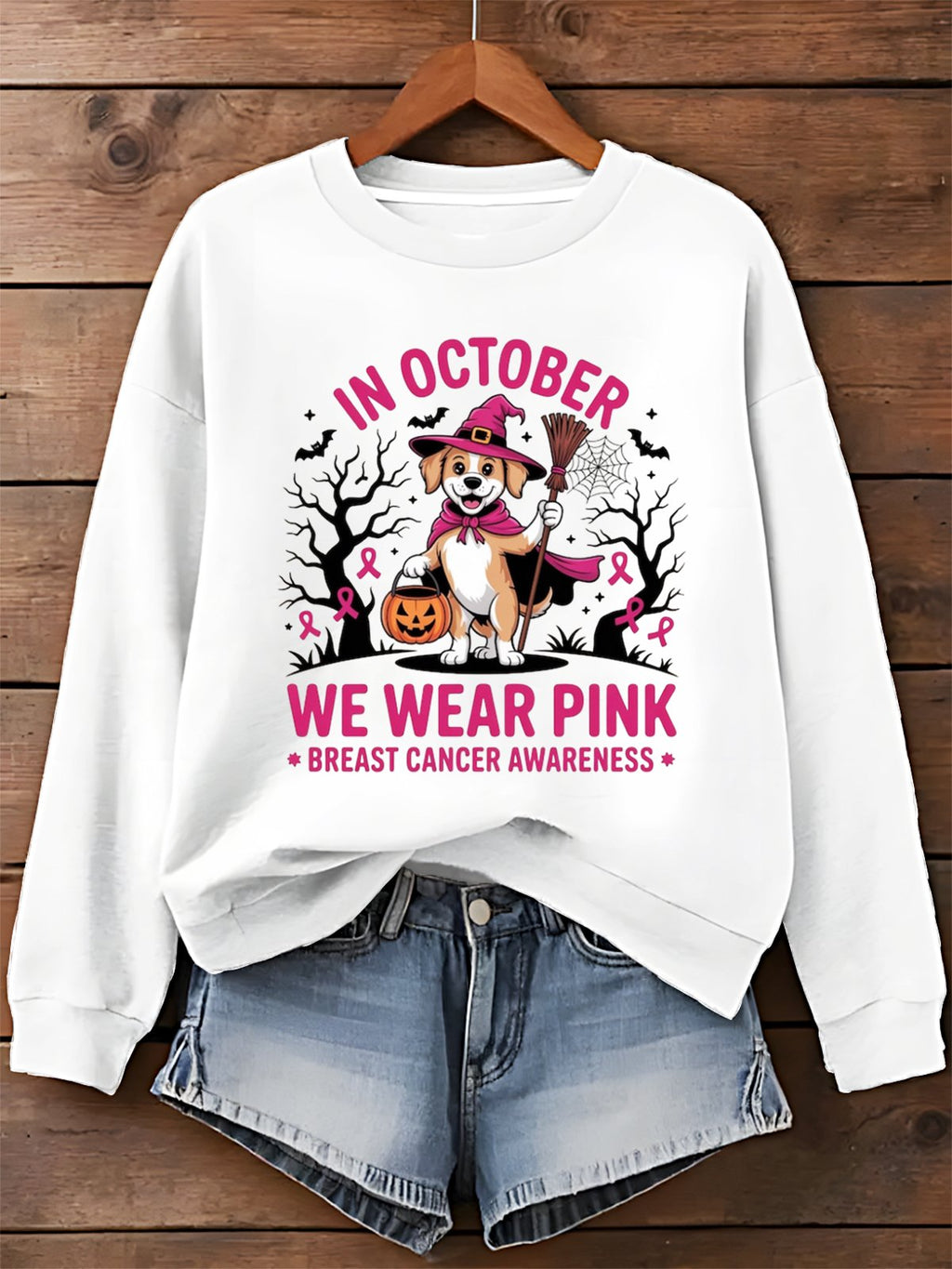 Dog In October We Wear Pink Art Printed Sweatshirt