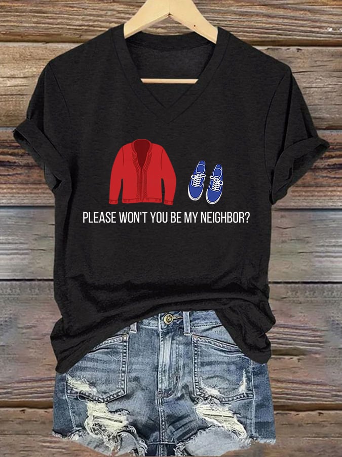 V-Neck Retro Please Won't You Be My Neighbor ? Print T-Shirt
