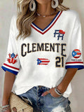 Women's Puerto Rican Baseball Print V-Neck Top