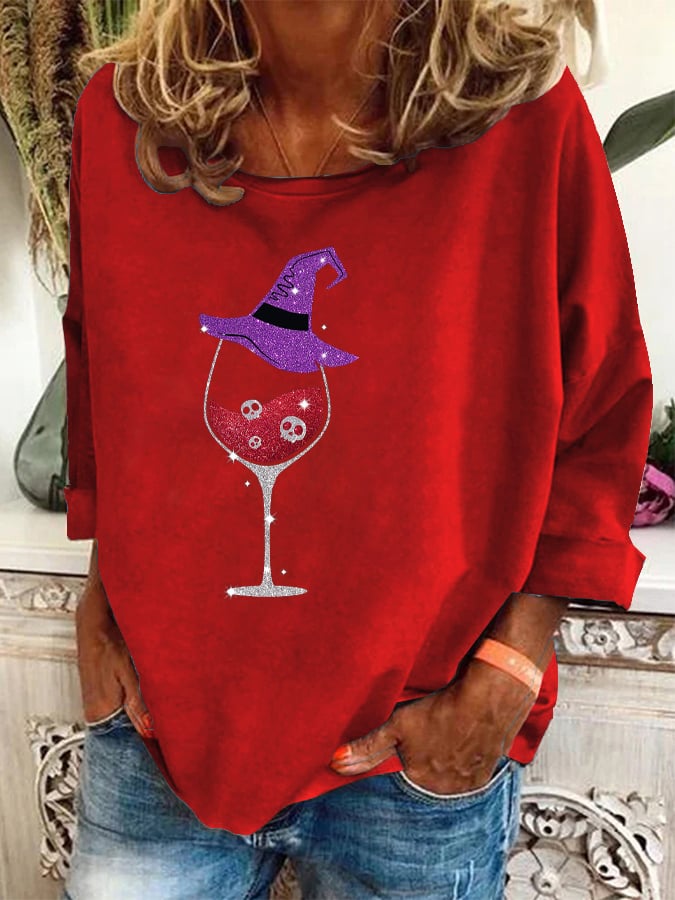 Women's Halloween Skull Wine Print Sweatshirt