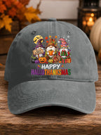 Retro Happy Hallothanksmas Gnome Halloween Thanksgiving Christmas Print Baseball Cap