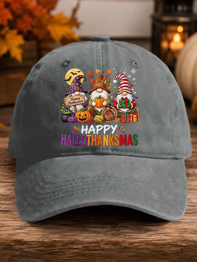 Retro Happy Hallothanksmas Gnome Halloween Thanksgiving Christmas Print Baseball Cap