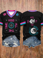 Women's Kiss All The Time Disco Occasionally Print V Neck T-shirt