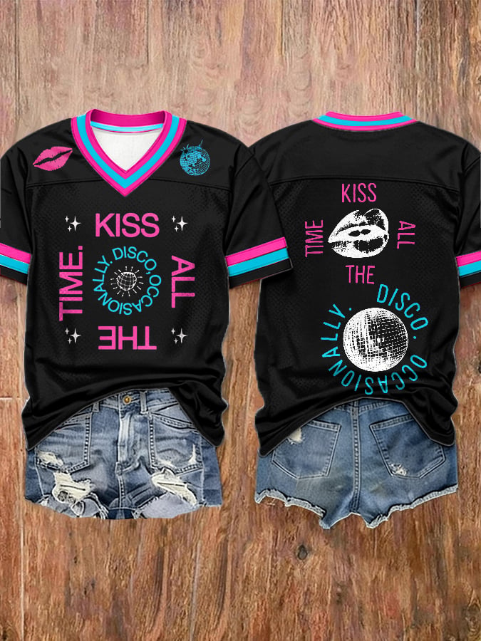 Women's Kiss All The Time Disco Occasionally Print V Neck T-shirt