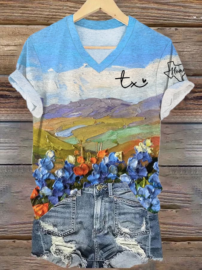Women's Texas Landscape Bluebonnet Painting T-Shirt