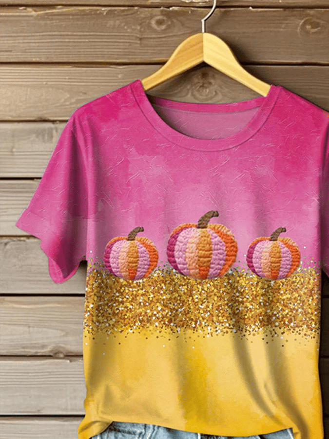 Women's Autumn Gold Pumpkin Print T-Shirt
