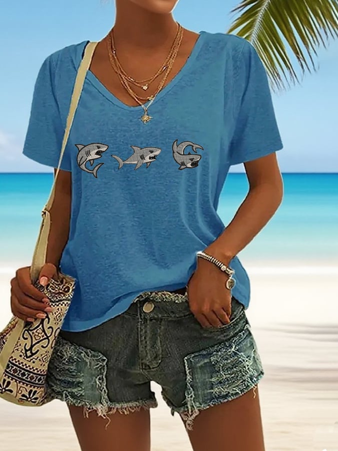 Women's Great White Shark Casual V-Neck T-Shirt
