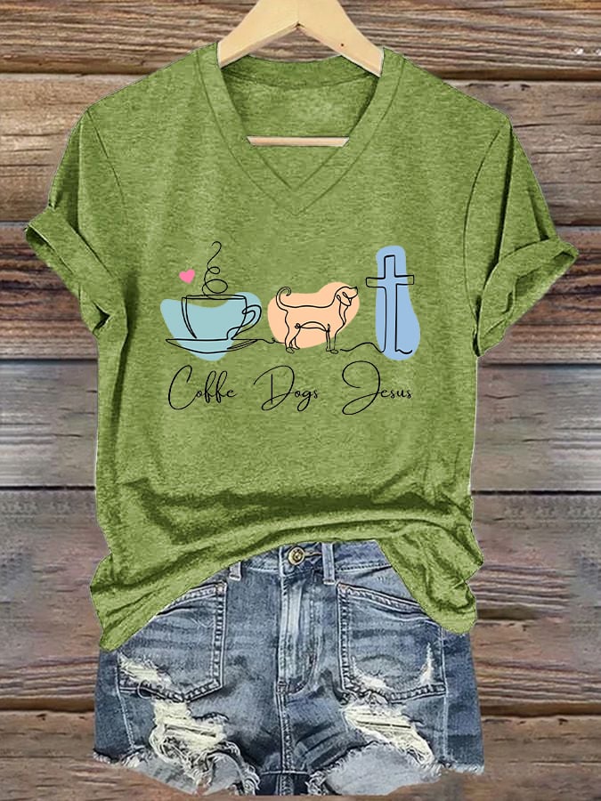 Women's Coffee Dog Jesus Print Casual T-Shirt